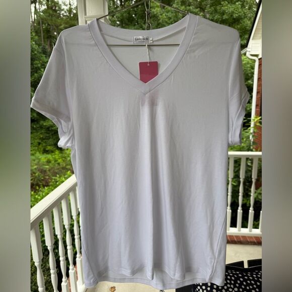 Luckymore Tops - Lucky more White V-Neck Short Sleeve Tee. Size L. NWT